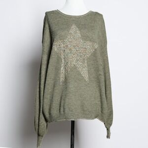 Boho Indie Oversized Olive Green Star Intarsia Knit Crew Neck Sweater XL